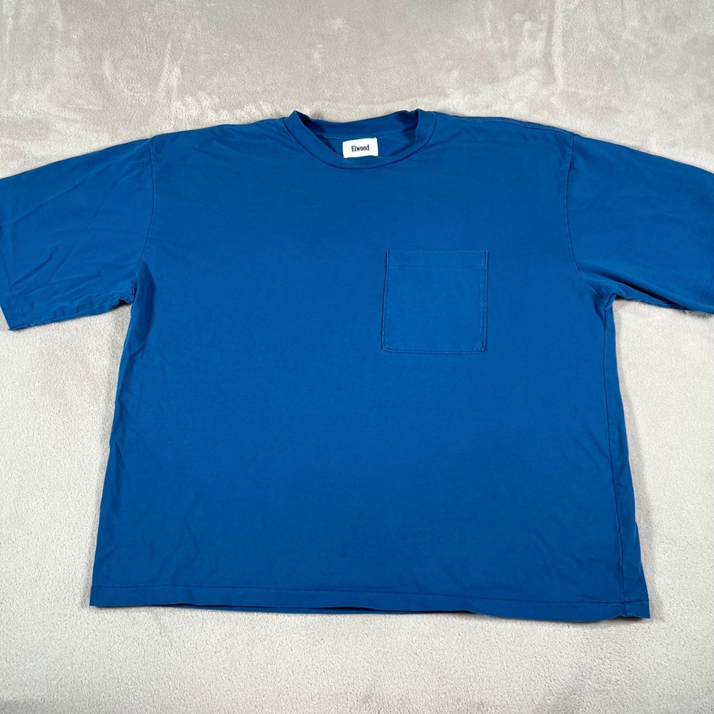 Elwood Pocket T-Shirt Men's Size Medium Blue Organic Cotton Relaxed Fit Boxy Y2K